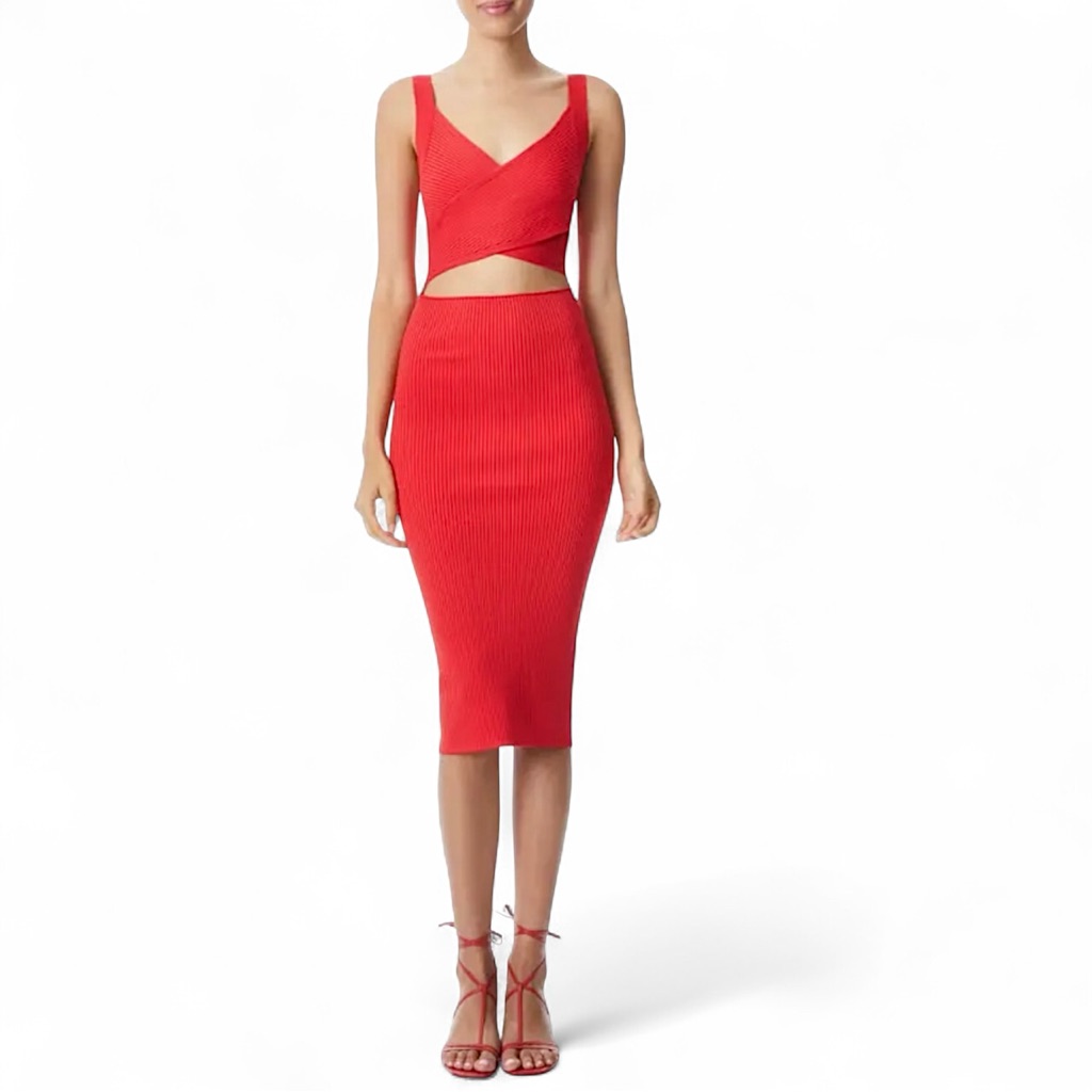 Alice + Olivia Lidia Cutout Ribbed Midi Dress Red Knit Form Fitting Size Large
